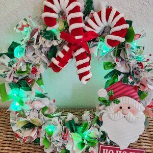12" Christmas Rag Wreath Santa Face & Candy Canes with Green Lights